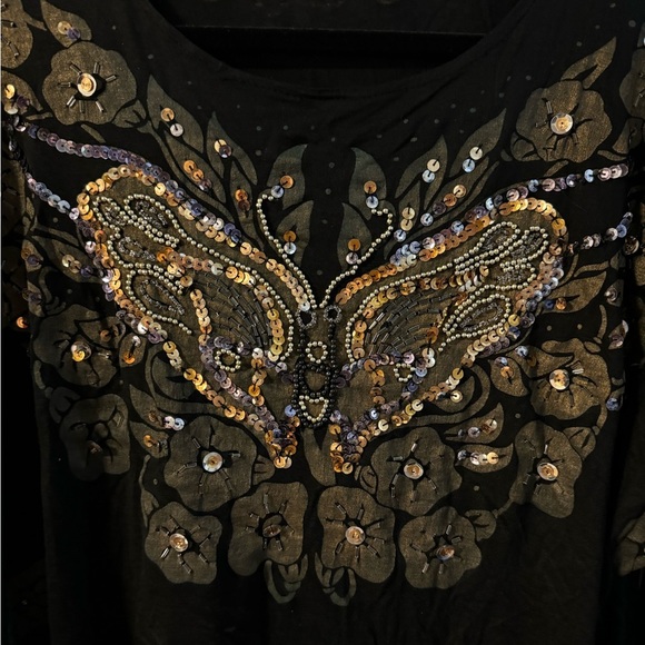 Y2K Embellished Beaded Butterfly Sparkle Black Floral Women's Top One Size VTG - Picture 3 of 15